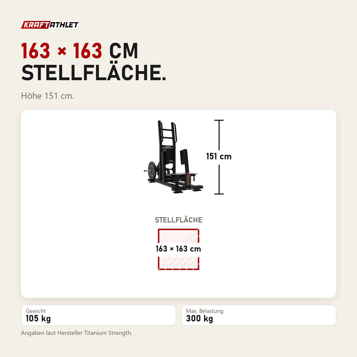 Maßbild Titanium Strength Elite Series Ultimate Abductor Stehend mit Scheibenbelastung: Stellfläche 163 × 163 cm, Höhe 151 cm