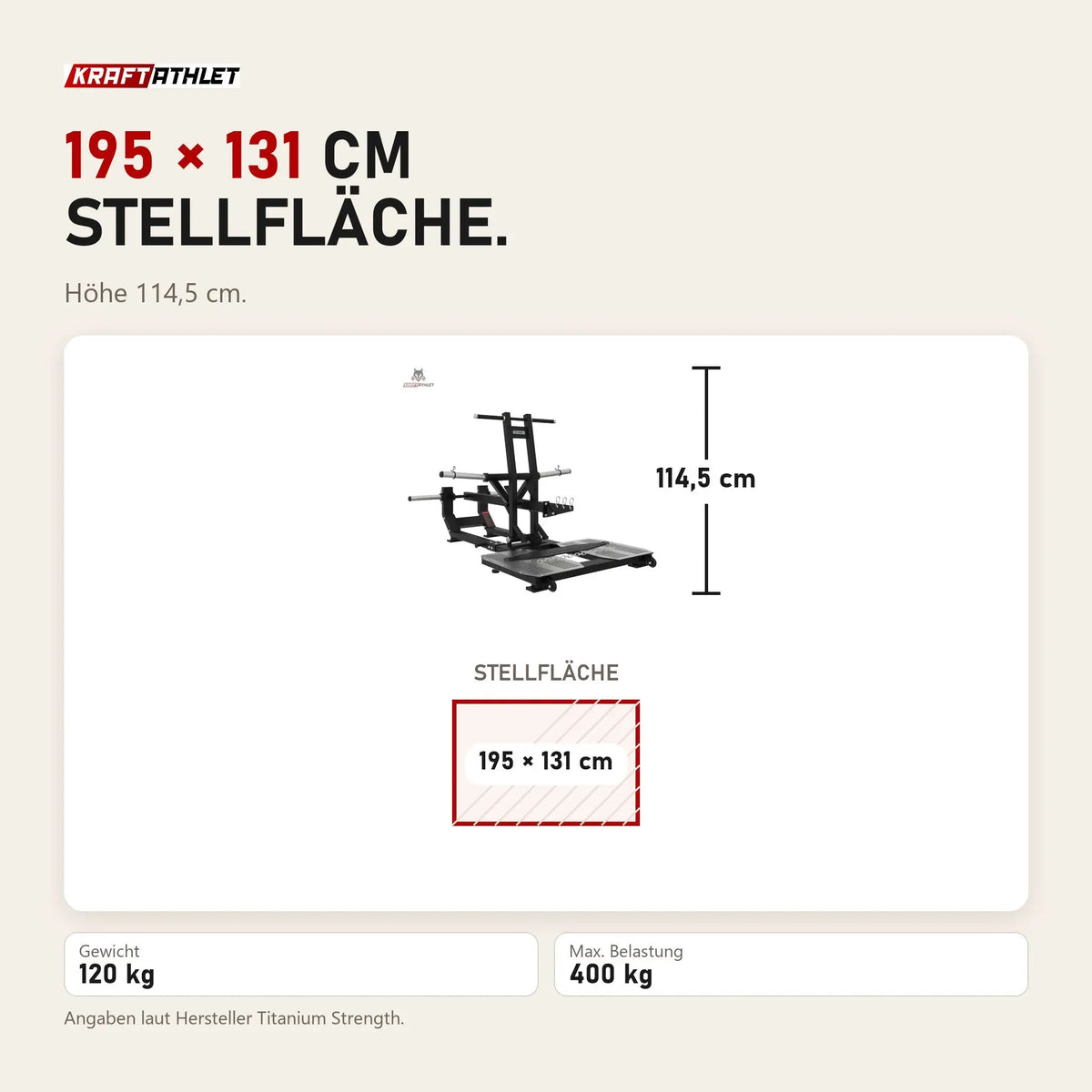 Maßbild Titanium Strength Elite Series Ultimate Belt Squat: Stellfläche 195 × 131 cm, Höhe 114,5 cm
