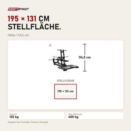 Maßbild Titanium Strength Elite Series Ultimate Belt Squat: Stellfläche 195 × 131 cm, Höhe 114,5 cm