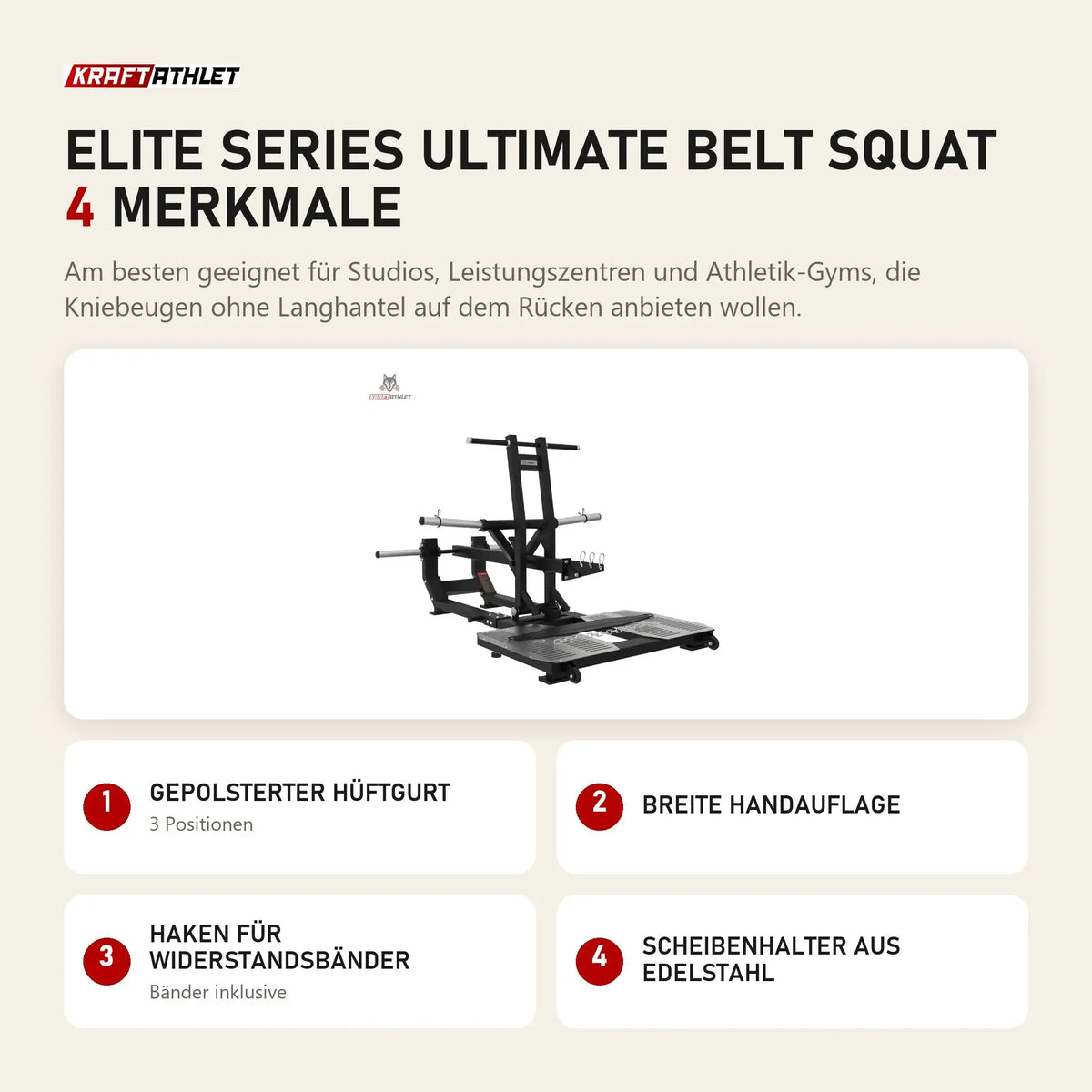 Titanium Strength Elite Series Ultimate Belt Squat mit 4 Merkmalen: Gepolsterter Hüftgurt, Breite Handauflage, Haken für Widerstandsbänder, Scheibenhalter aus Edelstahl