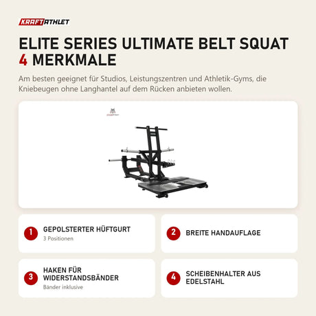 Titanium Strength Elite Series Ultimate Belt Squat mit 4 Merkmalen: Gepolsterter Hüftgurt, Breite Handauflage, Haken für Widerstandsbänder, Scheibenhalter aus Edelstahl