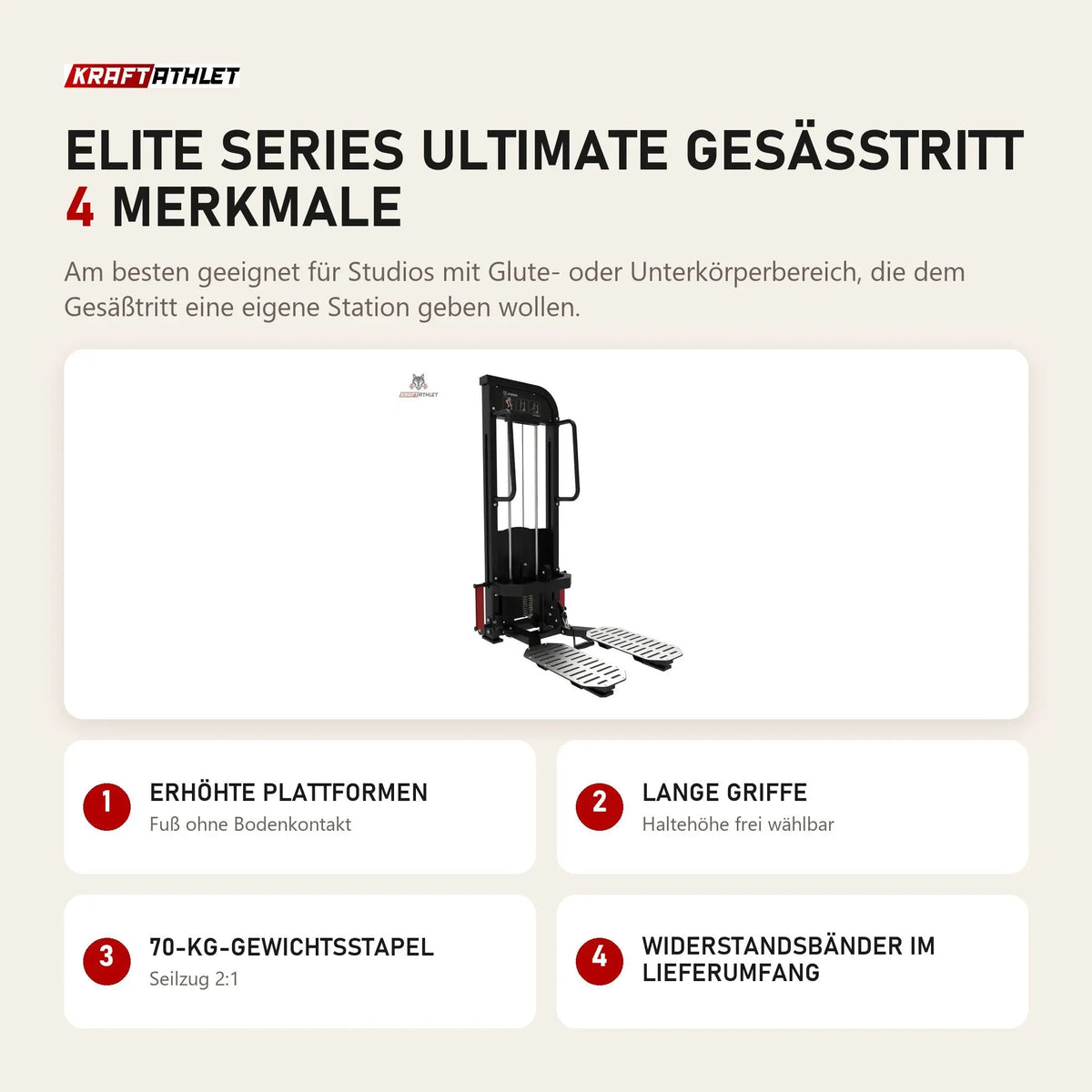 Titanium Strength Elite Series Ultimate Gesäßtritt mit 4 Merkmalen: Erhöhte Plattformen, Lange Griffe, 70-kg-Gewichtsstapel, Widerstandsbänder im Lieferumfang