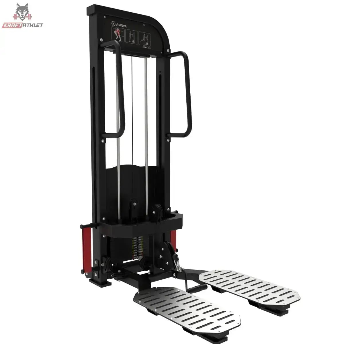 Titanium Strength Elite Series Ultimate Gesäßtritt – Schrägansicht mit Trittplatten, Haltegriff und Gewichtsturm