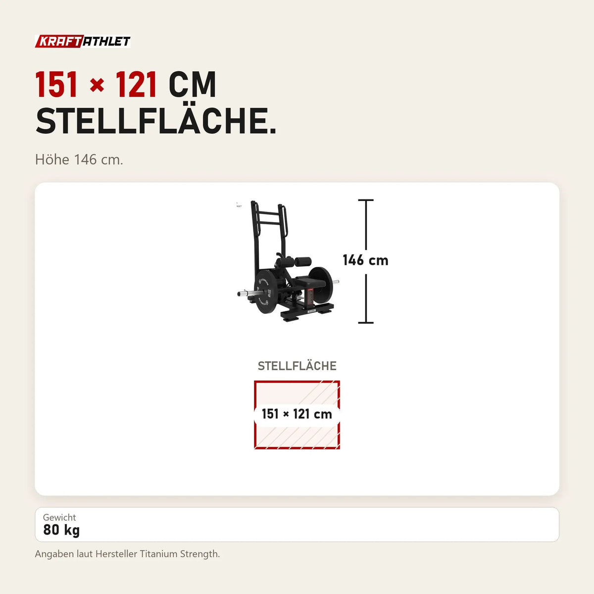 Maßbild Titanium Strength Elite Series Ultimate Hip Thrust im Stehen: Stellfläche 151 × 121 cm, Höhe 146 cm