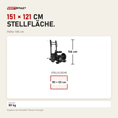 Maßbild Titanium Strength Elite Series Ultimate Hip Thrust im Stehen: Stellfläche 151 × 121 cm, Höhe 146 cm