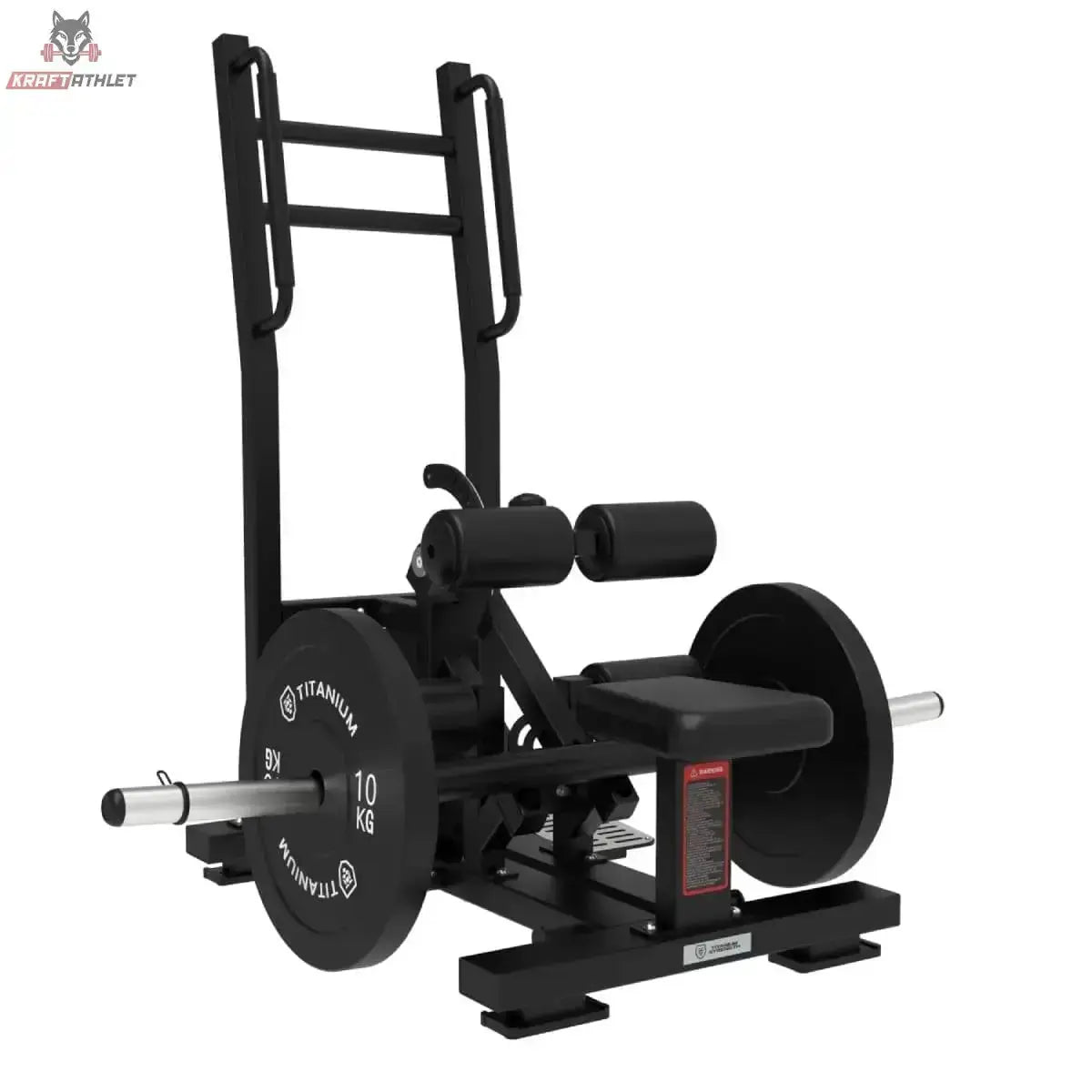 Titanium Strength Elite Series Ultimate Hip Thrust im Stehen: Schrägansicht mit Hantelscheiben und Haltebügel