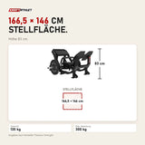 Maßbild Titanium Strength Elite Series Ultimate Hip Thrust: Stellfläche 166,5 × 146 cm, Höhe 83 cm