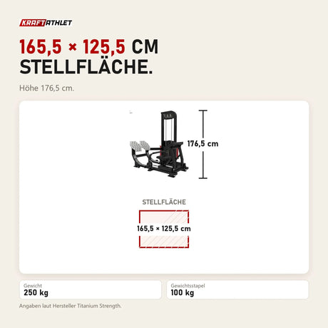 Maßbild Titanium Strength Elite Series Ultimate Hip Thrust: Stellfläche 165,5 × 125,5 cm, Höhe 176,5 cm