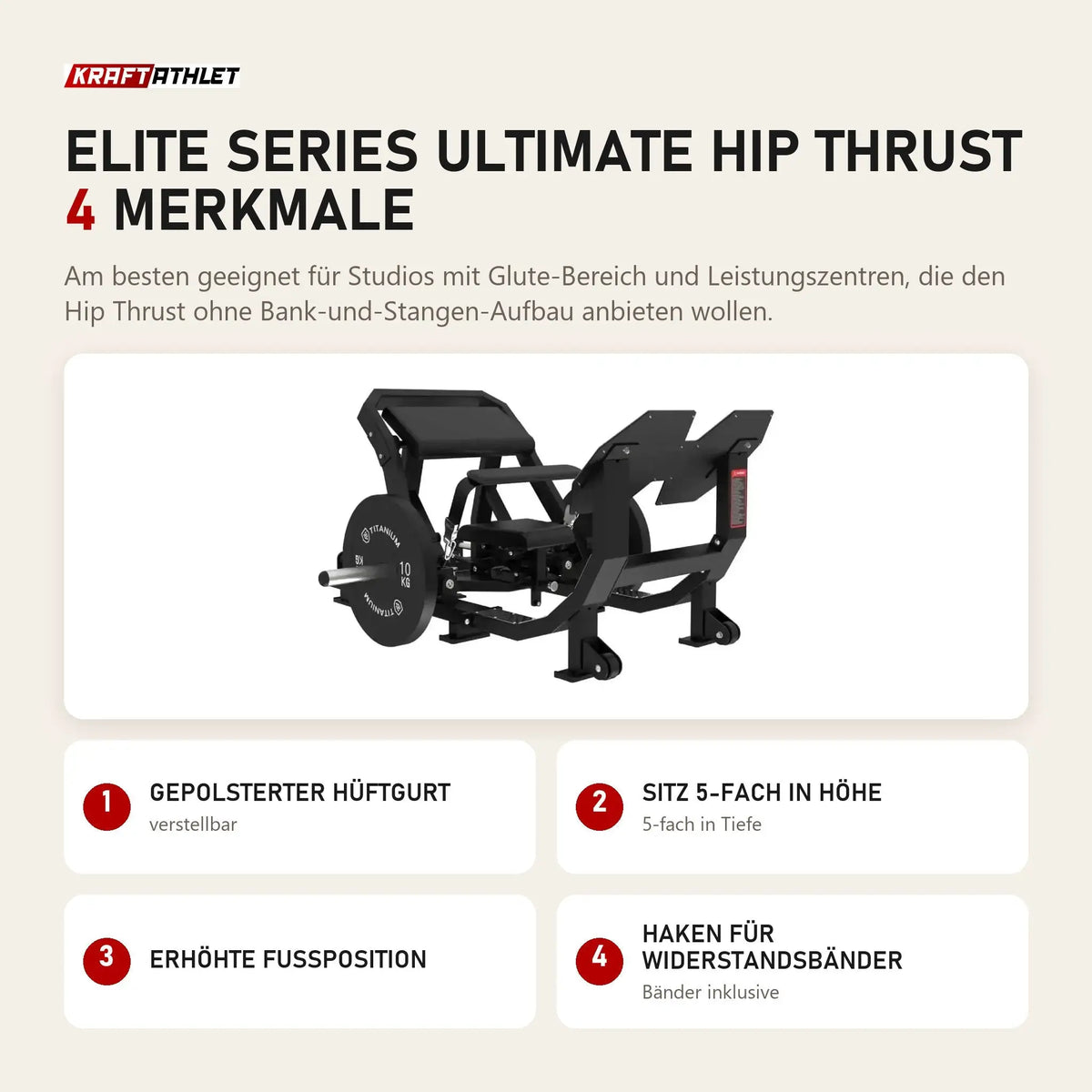 Titanium Strength Elite Series Ultimate Hip Thrust mit 4 Merkmalen: Gepolsterter Hüftgurt, Sitz 5-fach in Höhe, Erhöhte Fußposition, Haken für Widerstandsbänder