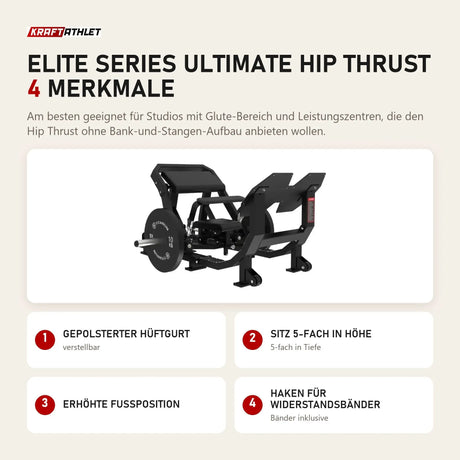 Titanium Strength Elite Series Ultimate Hip Thrust mit 4 Merkmalen: Gepolsterter Hüftgurt, Sitz 5-fach in Höhe, Erhöhte Fußposition, Haken für Widerstandsbänder