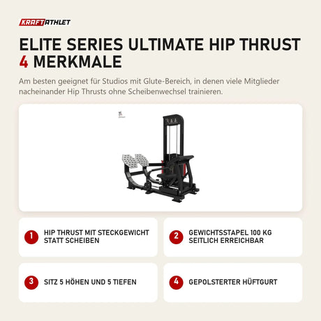Titanium Strength Elite Series Ultimate Hip Thrust mit 4 Merkmalen: Hip Thrust mit Steckgewicht statt Scheiben, Gewichtsstapel 100 kg seitlich erreichbar, Sitz 5 Höhen und 5 Tiefen, Gepolsterter Hüftgurt