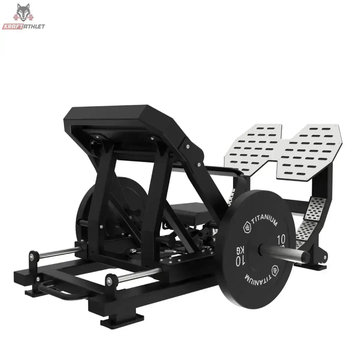 Titanium Strength Elite Series Ultimate Hip Thrust in Schrägansicht mit gelochten Fußplatten und Rückenpolster
