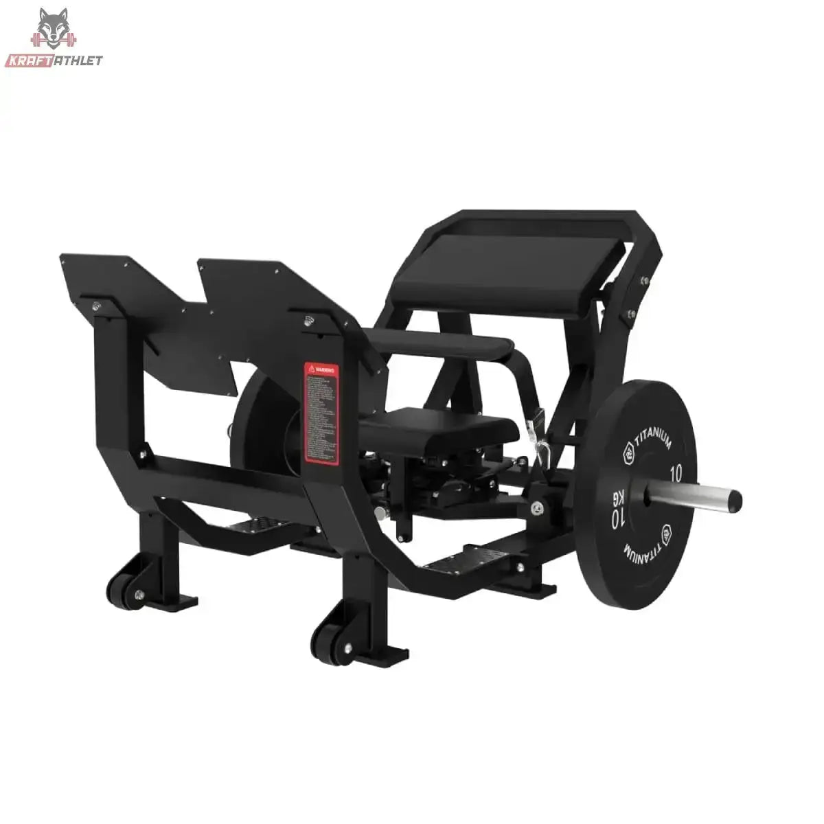 Titanium Strength Elite Series Ultimate Hip Thrust in Schrägansicht von hinten mit Polstern und Scheibenaufnahme