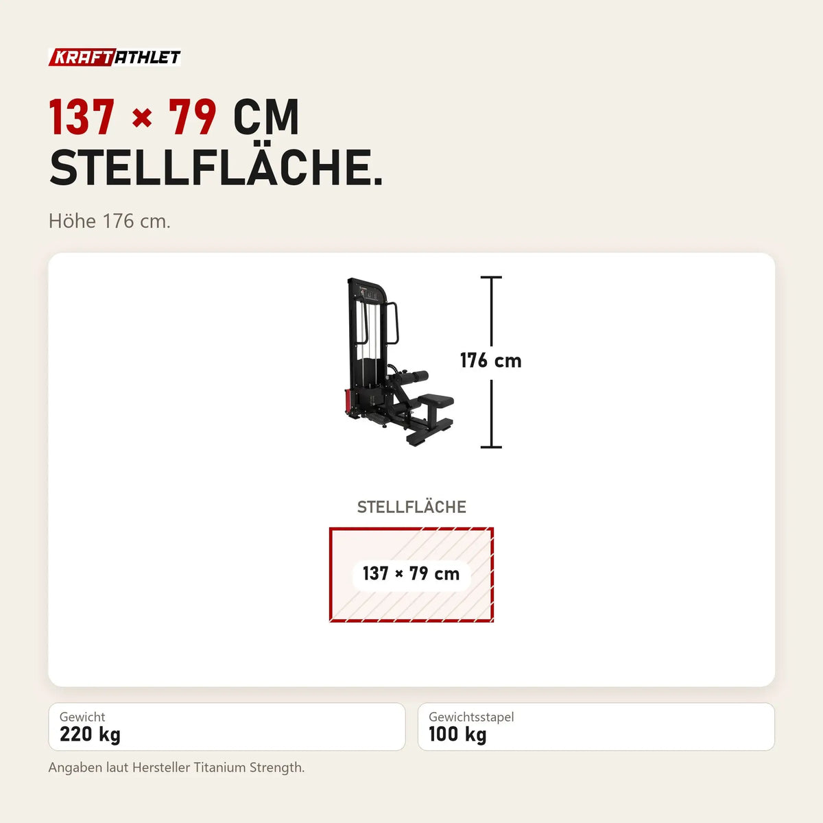 Maßbild Titanium Strength Elite Series Selectorisierte Ultimate Hip Thrust: Stellfläche 137 × 79 cm, Höhe 176 cm