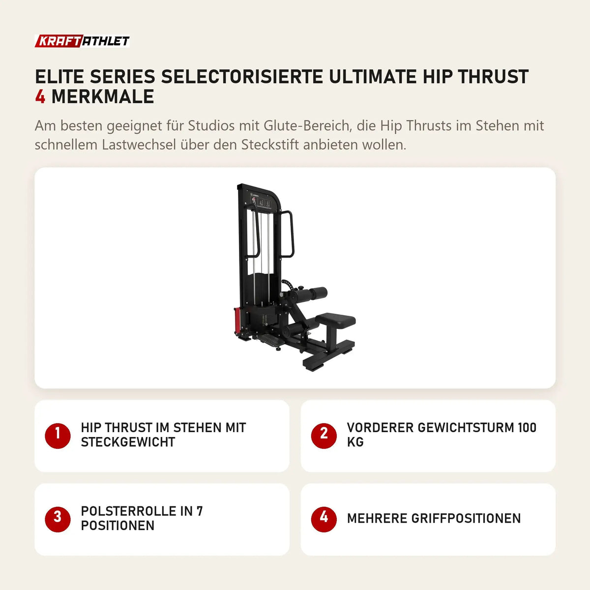 Titanium Strength Elite Series Selectorisierte Ultimate Hip Thrust mit 4 Merkmalen: Hip Thrust im Stehen mit Steckgewicht, Vorderer Gewichtsturm 100 kg, Polsterrolle in 7 Positionen, Mehrere Griffpositionen