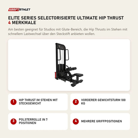 Titanium Strength Elite Series Selectorisierte Ultimate Hip Thrust mit 4 Merkmalen: Hip Thrust im Stehen mit Steckgewicht, Vorderer Gewichtsturm 100 kg, Polsterrolle in 7 Positionen, Mehrere Griffpositionen