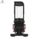 Titanium Strength Elite Series Selectorisierte Ultimate Hip Thrust – Frontansicht vom Fußende mit Polstern und roten Griffen