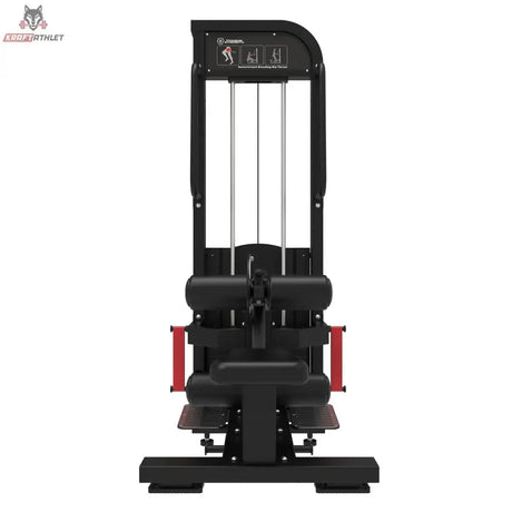 Titanium Strength Elite Series Selectorisierte Ultimate Hip Thrust – Frontansicht vom Fußende mit Polstern und roten Griffen