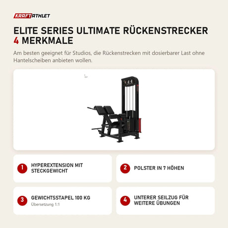 Titanium Strength Elite Series Ultimate Rückenstrecker mit 4 Merkmalen: Hyperextension mit Steckgewicht, Polster in 7 Höhen, Gewichtsstapel 100 kg, Unterer Seilzug für weitere Übungen