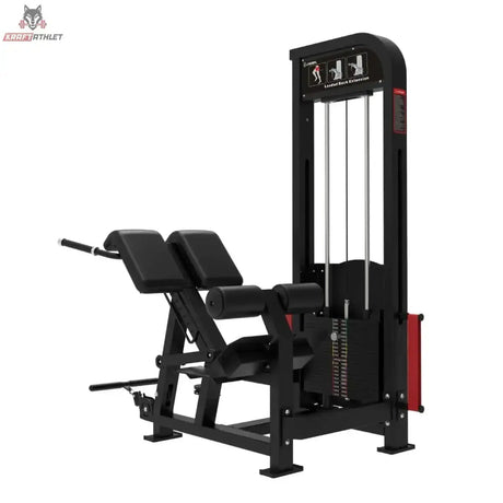 Titanium Strength Elite Series Ultimate Rückenstrecker – Schrägansicht mit Beinpolstern, Liegefläche und Gewichtsturm