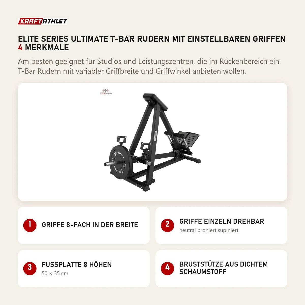 Titanium Strength Elite Series Ultimate T-Bar Rudern mit einstellbaren Griffen mit 4 Merkmalen: Griffe 8-fach in der Breite, Griffe einzeln drehbar, Fußplatte 8 Höhen, Bruststütze aus dichtem Schaumstoff