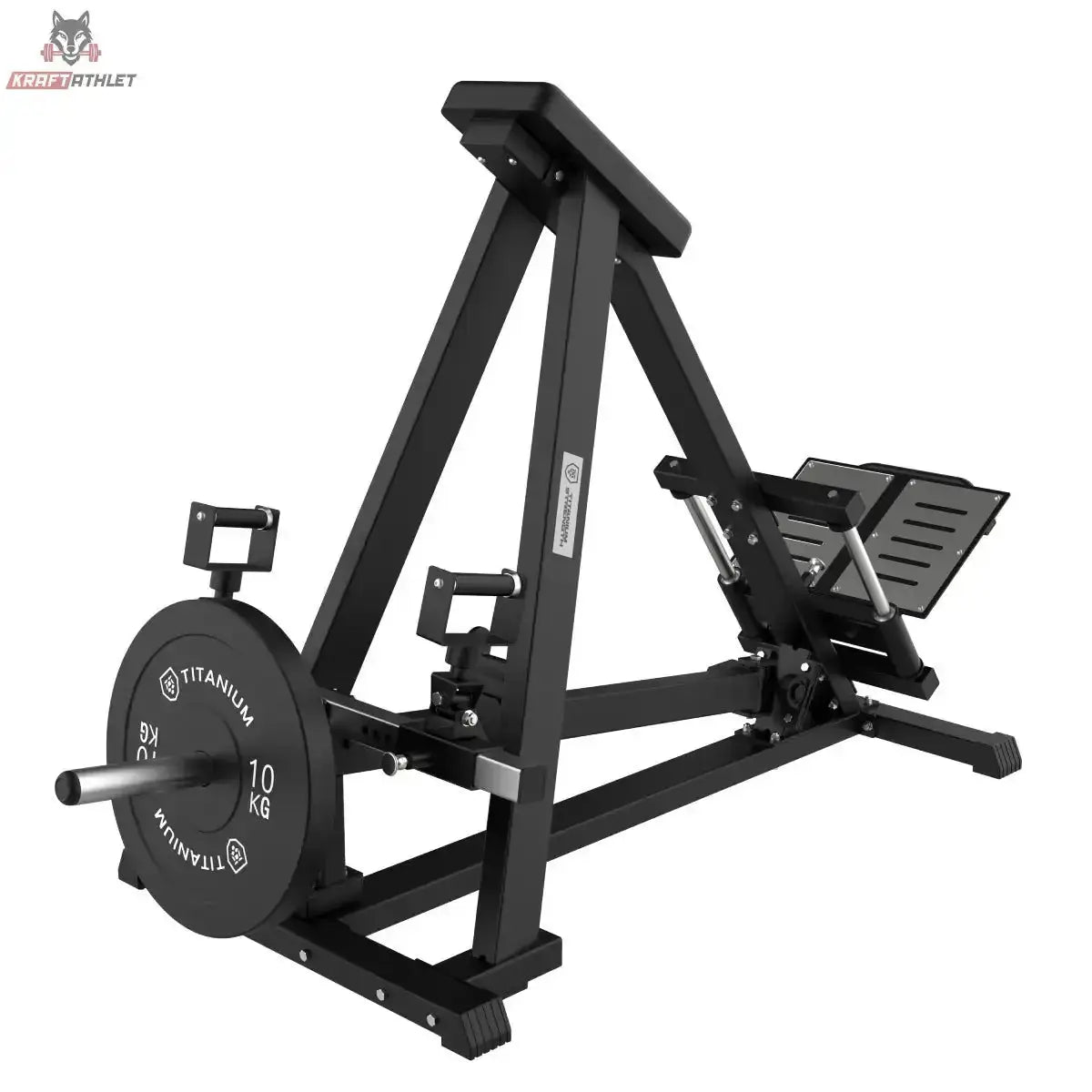 Titanium Strength Elite Series Ultimate T-Bar Rudern mit einstellbaren Griffen: Schrägansicht mit Hantelscheibe und Fußplatte