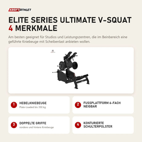Titanium Strength Elite Series Ultimate V-Squat mit 4 Merkmalen: Hebelkniebeuge, Fußplattform 6-fach neigbar, Doppelte Griffe, Konturierte Schulterpolster