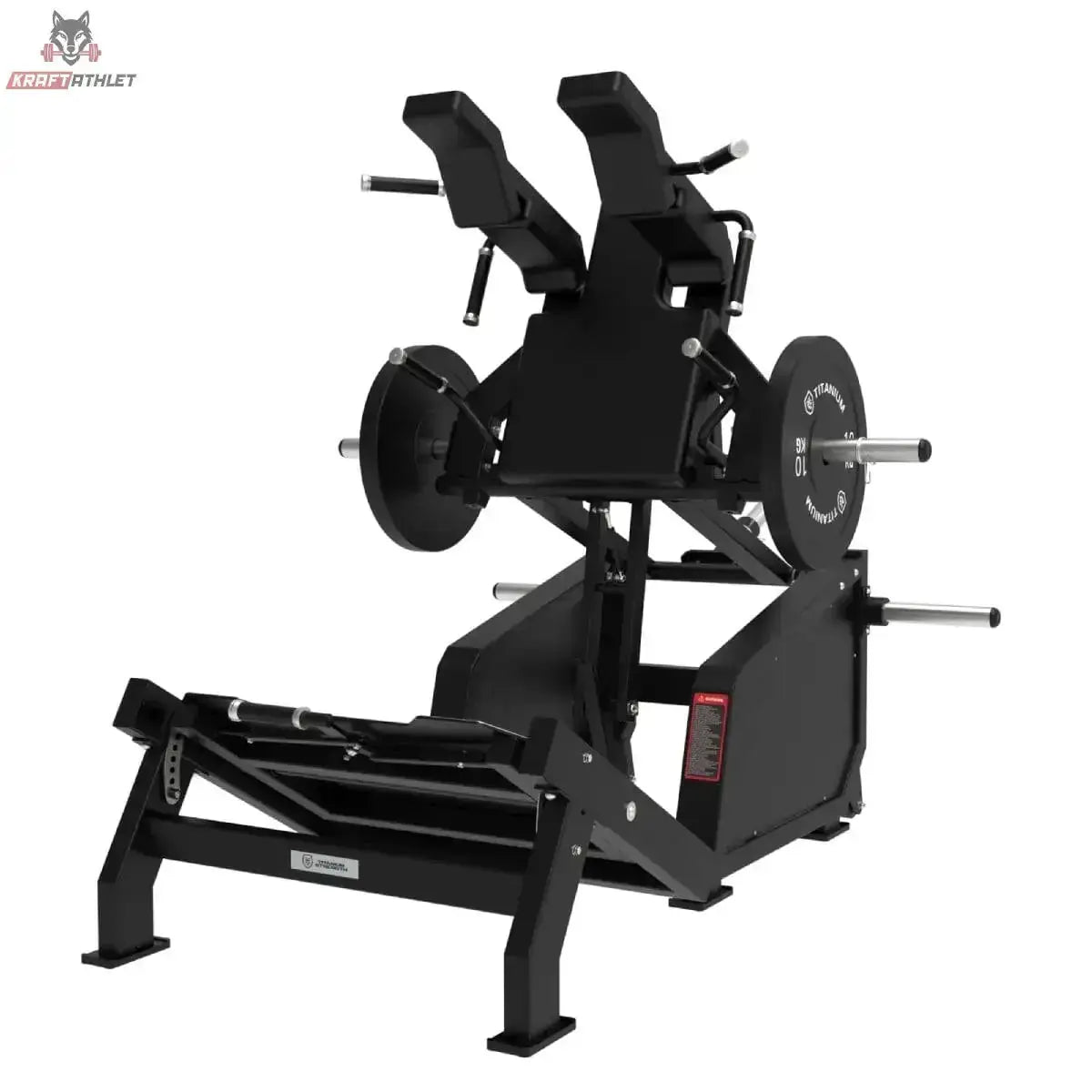 Titanium Strength Elite Series Ultimate V-Squat in Schwarz, Schrägansicht von vorn mit Hantelscheiben und Haltegriffen