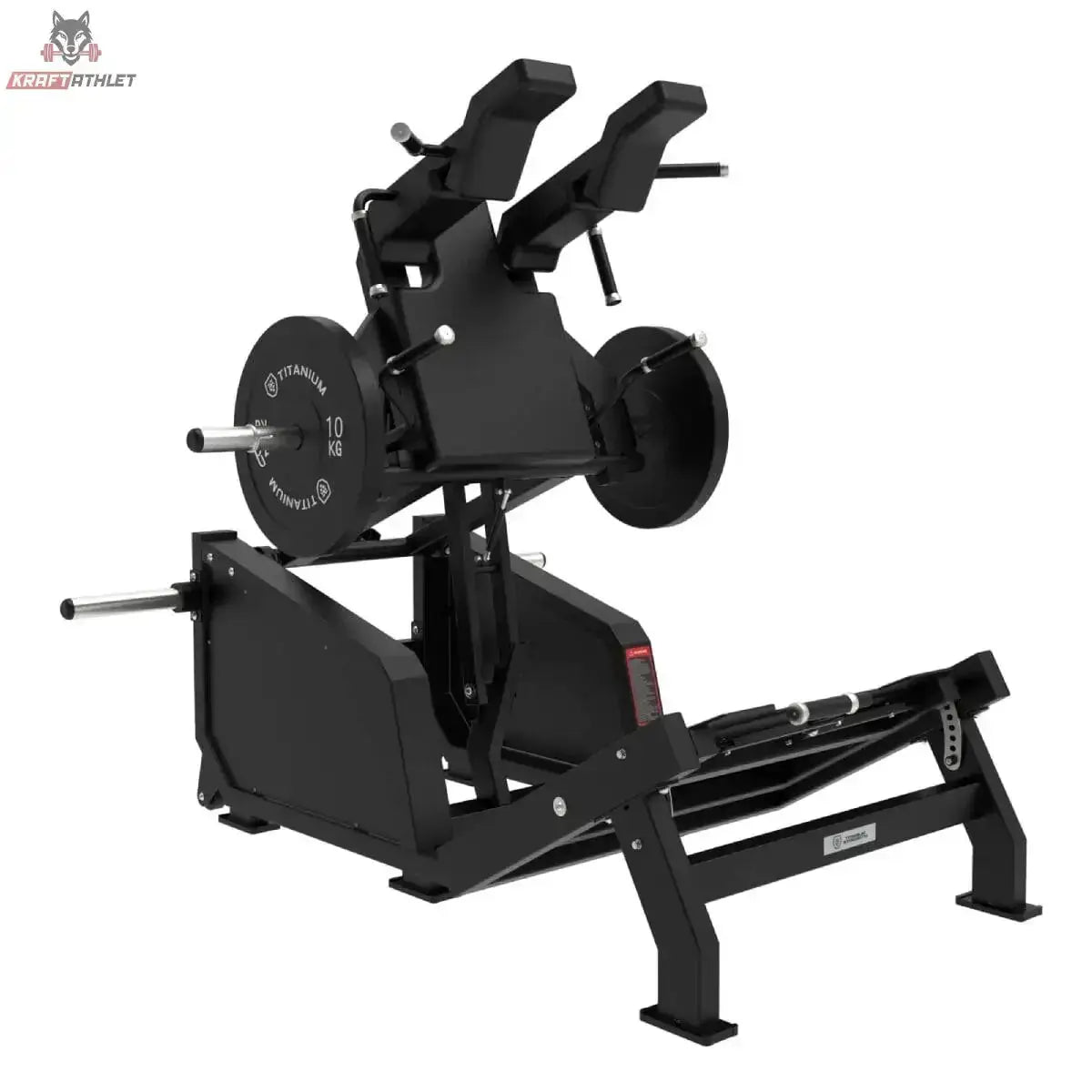 Titanium Strength Elite Series Ultimate V-Squat in Schwarz, Seitenansicht mit Hantelscheiben und Schulterpolstern