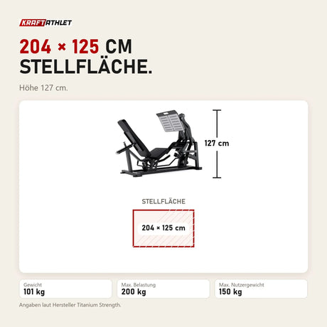 Maßbild Titanium Strength Elite Series V Beinpresse: Stellfläche 204 × 125 cm, Höhe 127 cm