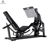 Titanium Strength Elite Series V Beinpresse in Schwarz, Schrägansicht von links mit Rückenpolster und Fußplatte