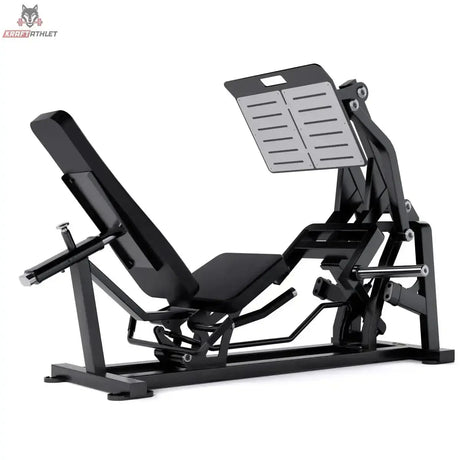 Titanium Strength Elite Series V Beinpresse in Schwarz, Schrägansicht von links mit Rückenpolster und Fußplatte