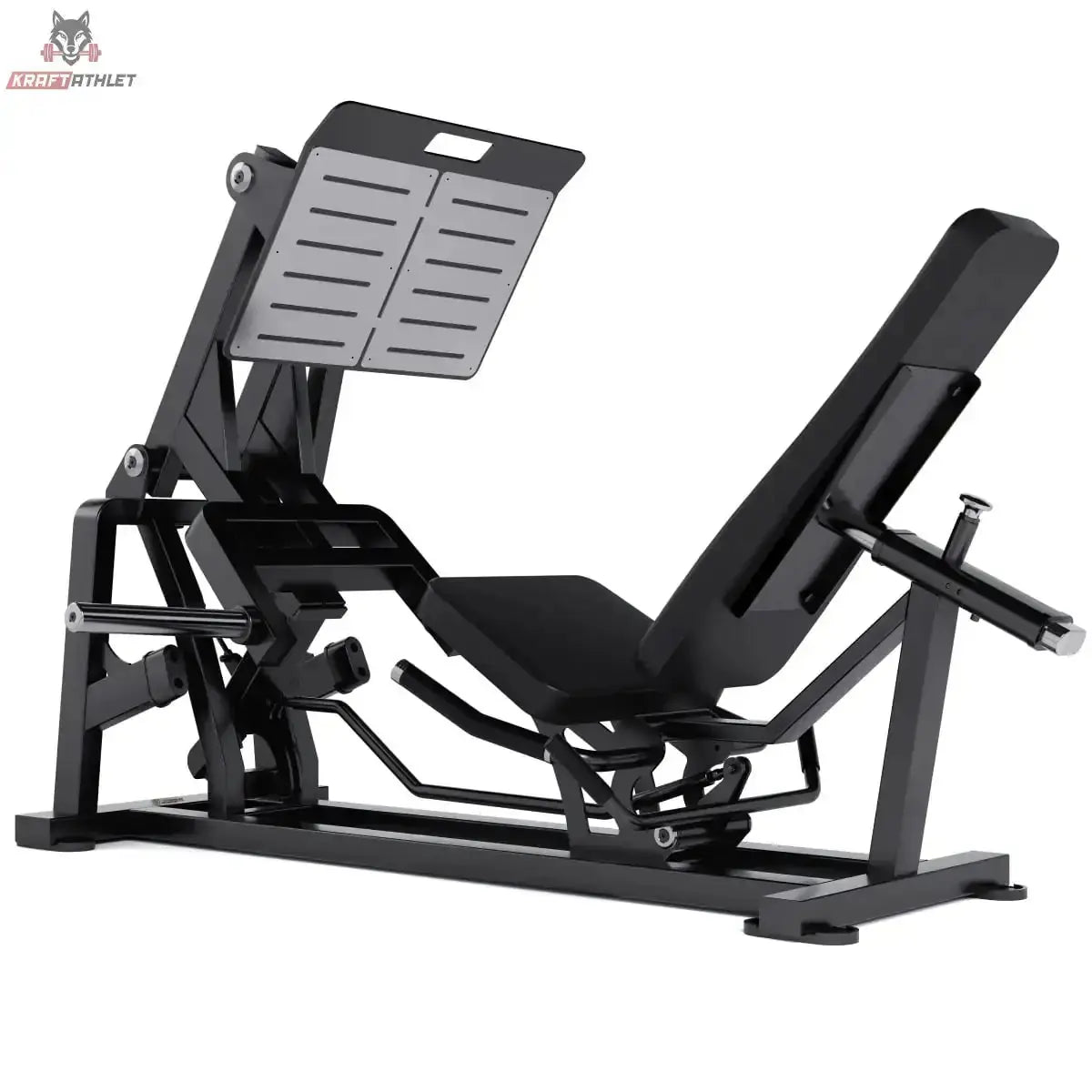 Titanium Strength Elite Series V Beinpresse in Schwarz, Schrägansicht von rechts mit Fußplatte und Haltegriffen