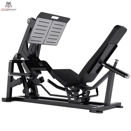 Titanium Strength Elite Series V Beinpresse in Schwarz, Schrägansicht von rechts mit Fußplatte und Haltegriffen