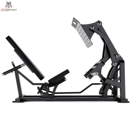 Titanium Strength Elite Series V Beinpresse in Schwarz, Seitenansicht mit Sitz, Schwenkarm und Hantelscheibenaufnahmen