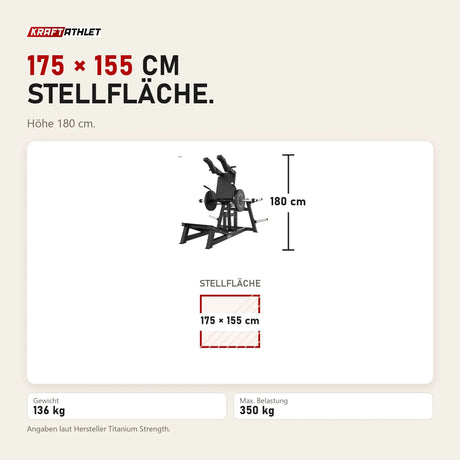 Maßbild Titanium Strength Elite Series V-Squat Palanca: Stellfläche 175 × 155 cm, Höhe 180 cm