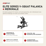 Titanium Strength Elite Series V-Squat Palanca mit 4 Merkmalen: Abgewinkelte Fußplattform, Schulter- und Rückenpolster integriert, Griffe aus Aluminium, Automatischer Verriegelungshebel