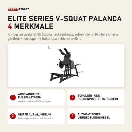 Titanium Strength Elite Series V-Squat Palanca mit 4 Merkmalen: Abgewinkelte Fußplattform, Schulter- und Rückenpolster integriert, Griffe aus Aluminium, Automatischer Verriegelungshebel