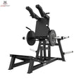Titanium Strength Elite Series V-Squat Palanca in Schrägansicht von vorn mit Schulterpolstern und Hantelscheiben