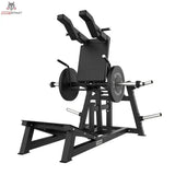Titanium Strength Elite Series V-Squat Palanca in Schrägansicht von vorn mit Schulterpolstern und Hantelscheiben