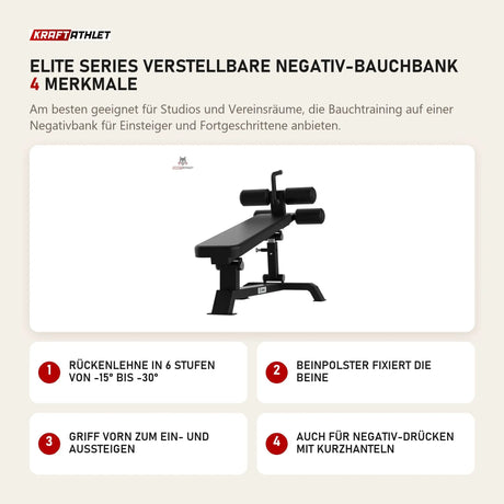 Titanium Strength Elite Series Verstellbare Negativ-Bauchbank mit 4 Merkmalen: Rückenlehne in 6 Stufen von -15° bis -30°, Beinpolster fixiert die Beine, Griff vorn zum Ein- und Aussteigen, Auch für Negativ-Drücken mit Kurzhanteln