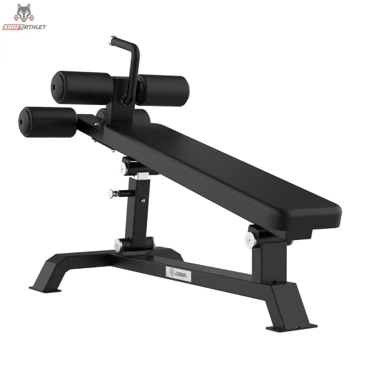 Titanium Strength Elite Series Verstellbare Negativ-Bauchbank in Schrägansicht mit geneigter Liegefläche und Beinrollen oben