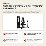 Titanium Strength Elite Series Vertikale Brustpresse mit 4 Merkmalen: Plattenstapel 100 kg, Farbige Plattenetiketten von Grün bis Rot, Führungsstangen aus Edelstahl 25 × 2 mm, Drahtseil 7 × 19 gefettet und nylonbeschichtet