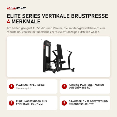 Titanium Strength Elite Series Vertikale Brustpresse mit 4 Merkmalen: Plattenstapel 100 kg, Farbige Plattenetiketten von Grün bis Rot, Führungsstangen aus Edelstahl 25 × 2 mm, Drahtseil 7 × 19 gefettet und nylonbeschichtet
