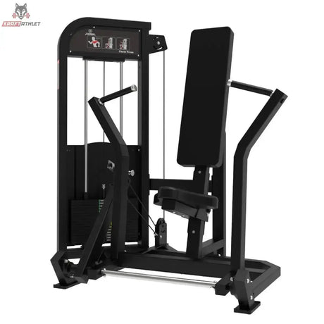 Titanium Strength Elite Series Vertikale Brustpresse – Schrägansicht mit Gewichtsturm vorn und Griffarmen