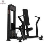 Titanium Strength Elite Series Vertikale Brustpresse – Schrägansicht mit Rückenpolster, Griffarmen und Gewichtsturm