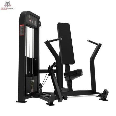 Titanium Strength Elite Series Vertikale Brustpresse – Schrägansicht mit Rückenpolster, Griffarmen und Gewichtsturm
