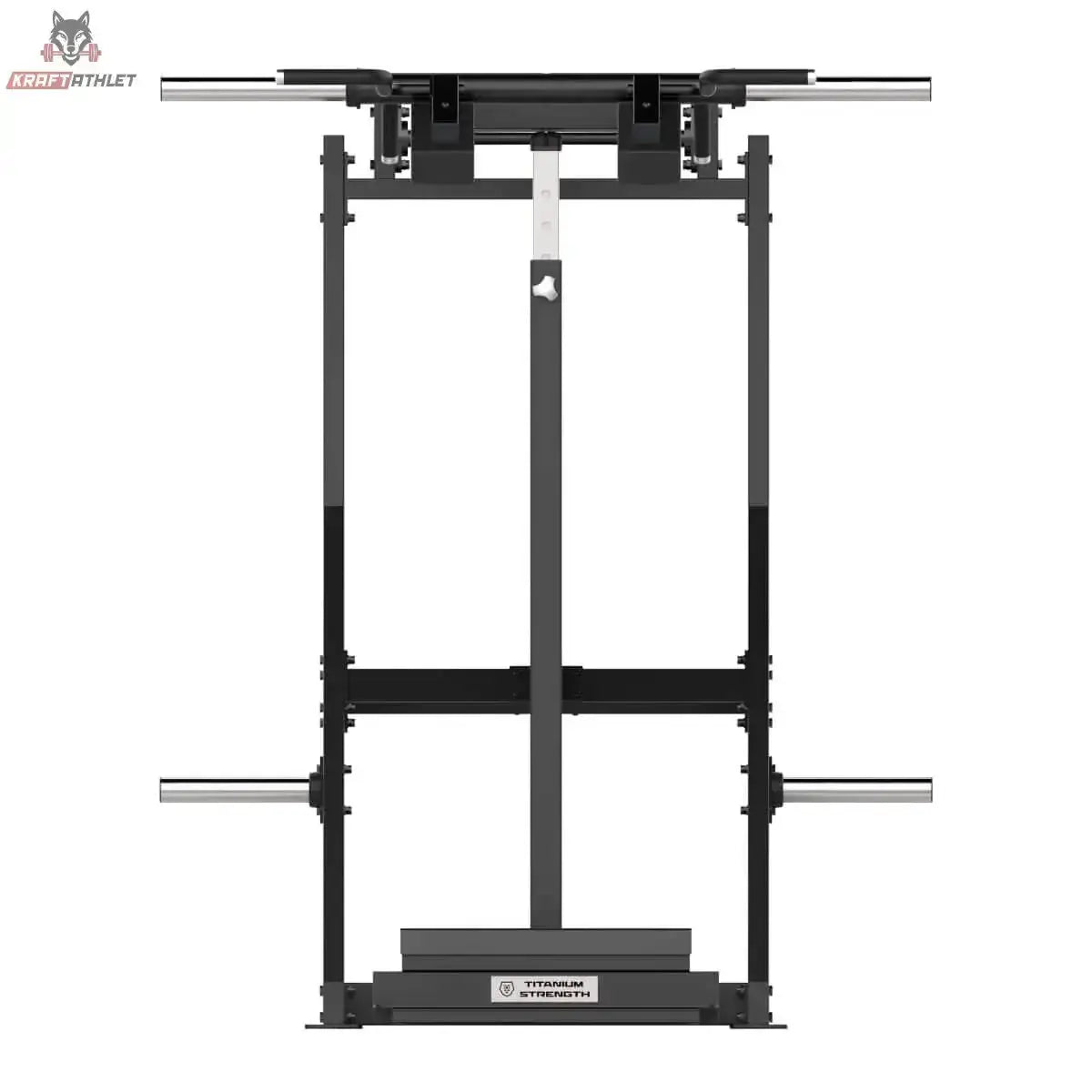 Titanium Strength Elite Series Viking Press und Stehender Wadenheber in Frontansicht mit Querholm, Scheibenaufnahmen und Standfläche
