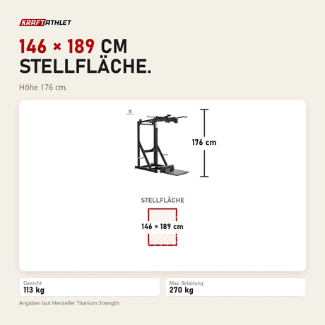 Maßbild Titanium Strength Elite Series Viking Press und Stehender Wadenheber: Stellfläche 146 × 189 cm, Höhe 176 cm