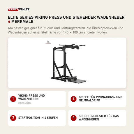 Titanium Strength Elite Series Viking Press und Stehender Wadenheber mit 4 Merkmalen: Viking Press und Wadenheben, Griffe für Pronations- und Neutralgriff, Startposition in 4 Stufen, Schulterpolster für das Wadenheben